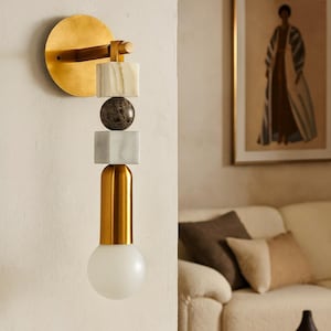 Handmade Marble & Brass Wall Sconce - Gold Amulet Gemstone Lighting