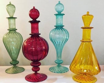 SET OF 4 Decanter Hand Blown Glass Art green ,red,blue and yellow colour home and office decorations also great wedding gift