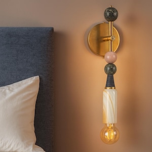 Handmade Brass Wall Sconces with Marble Gems: Modern Vanity Lighting (Set of Two)