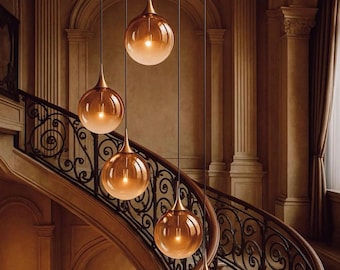 Handmade Blown Glass Staircase Chandelier: Modern Art Deco Lighting