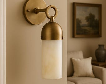 Alabaster Wall Sconce: Mid-Century Modern Brass Finish, Bathroom Bedside Lighting