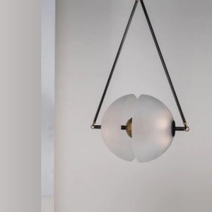 Modern Ceiling Light - Blown Glass Frosted Light Pendant - Mid Century Brass Pendent Light - light Fixture - Leather Pendant Light - SYNAPSE