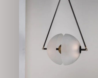 Modern Ceiling Light - Blown Glass Frosted Light Pendant - Mid Century Brass Pendent Light - light Fixture - Leather Pendant Light - SYNAPSE