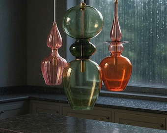 Modern Chandelier Lighting: Handmade Blown Glass Pendant Lights - Set of Three