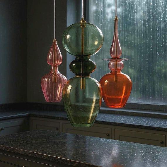Modern Chandelier Lighting: Handmade Blown Glass Pendant Lights - Set of Three