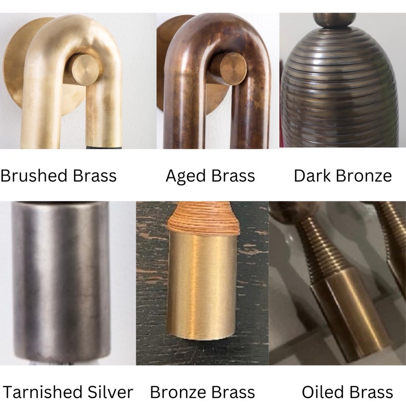 K&ouml;nnte beinhalten: Ein Vergleich verschiedener Metalloberfl&auml;chen f&uuml;r Beschl&auml;ge. Die Oberfl&auml;chen umfassen geb&uuml;rstetes Messing, gealtertes Messing, dunkles Bronze, angelaufenes Silber, Bronze-Messing und ge&ouml;ltes Messing.