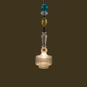 Multicolor Pendant with Stacked Teal and Amber Glass Beads, Tall Statement Foyer Light
