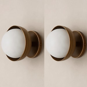 Antique Brass Wall Sconce Set: Frosted Glass Globe, Mid-Century Modern