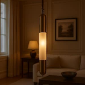 Op de afbeelding: Een moderne hanglamp met een cilindrisch ontwerp. De armatuur heeft een bronskleurig metalen frame en een matglazen middenstuk dat een warme, uitnodigende gloed uitstraalt. De lamp hangt aan een dunne ketting, perfect voor een woon- of eetkamer.