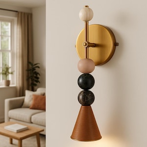 Modern Marble Wall Sconce: Brass & Leather Accent Lighting
