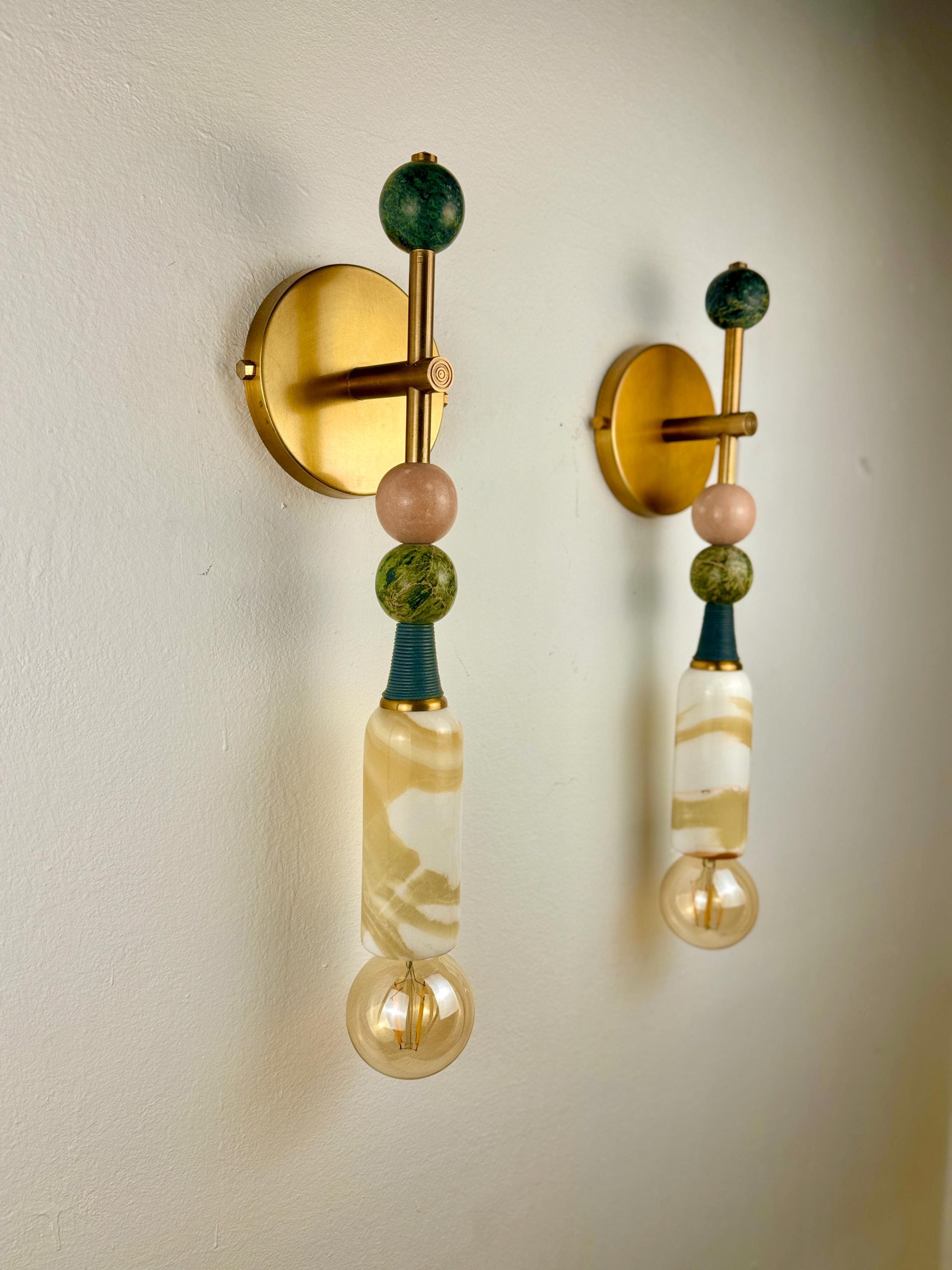 Set of Two Amulet Brass Wall Sconce Lighting - Yellow Gemstone Wall Sconce - Handmade Wall Light - Modern Bedside Wall Lamp