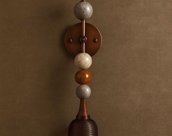 Wall Spotlight with Four Marble Spheres and Ribbed Brass Dome Shade, Sculptural Accent Sconce for Hallway or Entryway