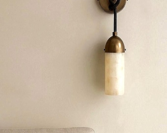 Mid Century Modern Brass Wall Sconce: Alabaster Shade