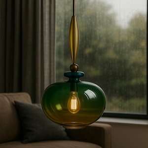 Puede incluir: Una lámpara colgante moderna con una pantalla de vidrio verde y amarillo. La lámpara tiene un vástago de color latón y un acento de color turquesa. La bombilla es visible dentro de la pantalla de vidrio. La luz cuelga frente a una ventana y un sofá marrón.
