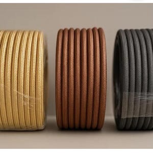 Peut inclure: Trois bobines de fil &eacute;lectrique d&eacute;coratif en or, cuivre et gris. Les fils sont &eacute;troitement enroul&eacute;s et envelopp&eacute;s dans du plastique transparent. Les bobines sont dispos&eacute;es c&ocirc;te &agrave; c&ocirc;te sur un fond neutre. Les fils conviennent aux projets d'&eacute;clairage.