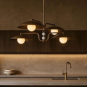 Handmade Brass Chandelier, Frosted Glass Globes, Marble Gemstone Pendant Light