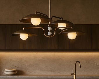 Handmade Brass Chandelier, Frosted Glass Globes, Marble Gemstone Pendant Light