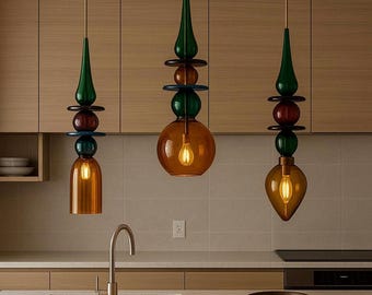 Blown Glass Kitchen Island Chandelier, Modern Pendant Light, Set of 3 Hanging Lamp