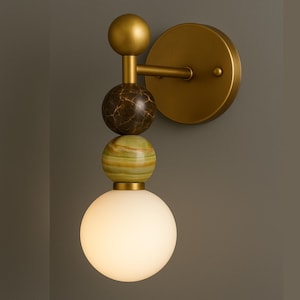 Frosted Glass Wall Sconce with Marble Beads - Mid Century Modern Reading Lamp