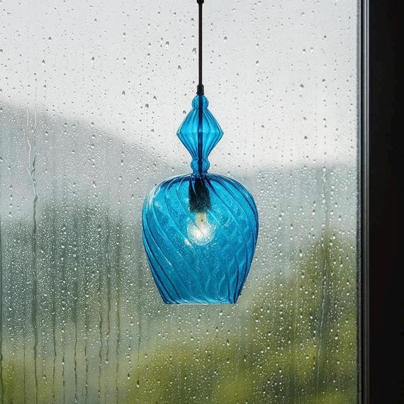 Blue Pendant Lamp with Ribbed Glass Dome and Diamond Finial, Colorful Kitchen Island Light