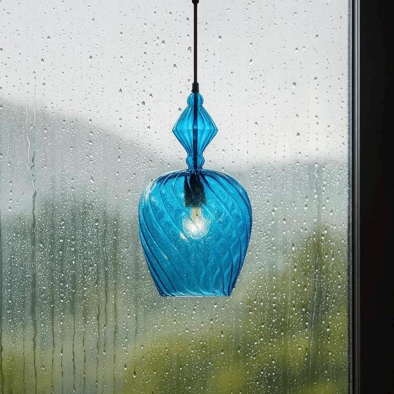 Blue Pendant Lamp with Ribbed Glass Dome and Diamond Finial, Colorful Kitchen Island Light image 1