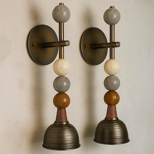 Handmade Brass & Marble Wall Sconce Set: Modern Gemstone Lighting