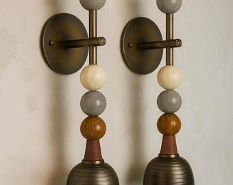 Handmade Brass & Marble Wall Sconce Set: Modern Gemstone Lighting