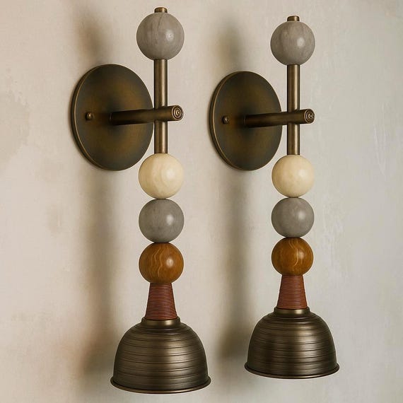 Wall Sconce Pair with Stacked Marble Spheres and Brass Dome Shades, Sculptural Accent Lights for Entryway, Hallway or Bedroom