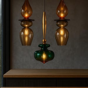 Peut inclure: Trois lampes suspendues avec des abat-jours en verre ambr&eacute; et vert. Les lampes ont une forme de goutte d'eau en haut et un fond bulbeux, avec un accent m&eacute;tallique dor&eacute;. Les lampes sont suspendues au plafond, &eacute;clairant une surface en bois.