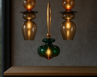 Set of Three Blown Glass Kitchen Island Chandelier Lighting - Modern Pendant Light