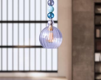 Ribbed Blue Pendant Lamp with Violet Glass Globe and Stacked Teal Beads, Modern Kitchen Island Light