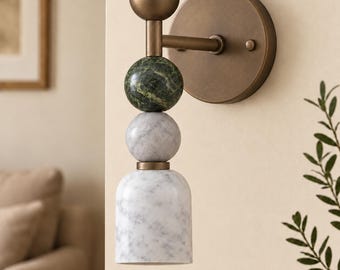 Sänglampa, mässingslampa för sovrum med marmorskärm och stenkulor, modern lampa i mitten av århundradet