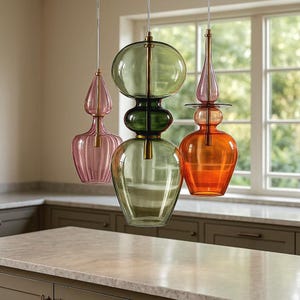 Modern Chandelier Lighting: Handmade Blown Glass Pendant Lights - Set of Three image 2