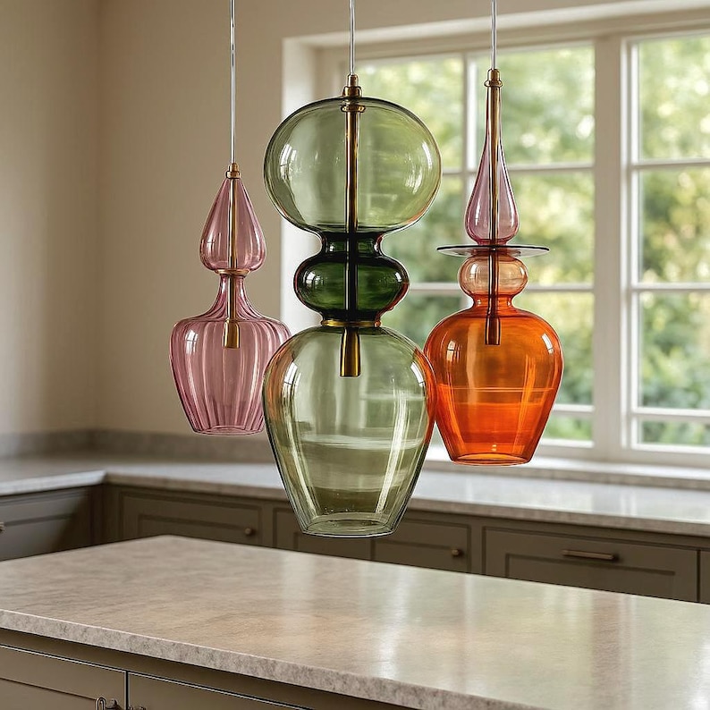 Modern Chandelier Lighting: Handmade Blown Glass Pendant Lights - Set of Three image 2