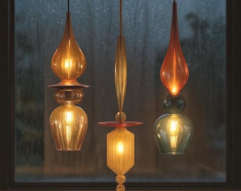 Set of Three Hand-Blown Glass Pendant Lights - Modern Kitchen Island Chandelier Lighting
