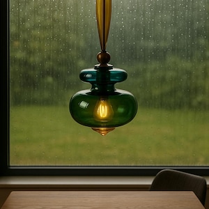 Peut inclure: Un luminaire suspendu avec un abat-jour en verre vert et une ampoule chaude. Le luminaire a des accents sup&eacute;rieurs et inf&eacute;rieurs de couleur laiton. La lumi&egrave;re est suspendue devant une fen&ecirc;tre avec une vue d'arri&egrave;re-plan verte et floue.