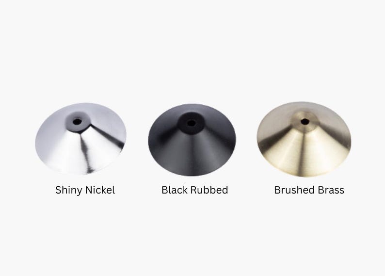 May include: Three metal lampshades in different finishes: shiny nickel, black rubbed, and brushed brass.
