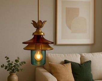 Lámpara colgante de vidrio soplado a mano: Iluminación moderna de latón para islas de cocina