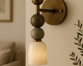 Alabaster Wall Sconce, Handmade Brass Finish with Alabaster Shade, Modern Mid Century Bedside Lamp