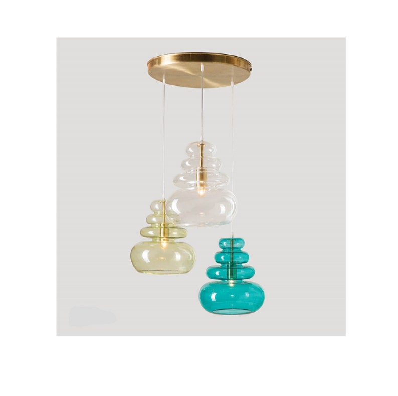SET of 3 Glass Blown Industrial Chandelier pendant light, Ceiling lamp, Hand made Glass , Pyrex ,glass hanging ,Modern-blown-glass image 1
