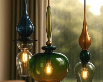 Hand Blown Glass Pendant Lights, Modern Colorful Chandelier, Kitchen Island Lighting Set of 3