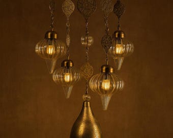 Art Glass Pendant Lighting Chandelier - Brass & Crystal Light Fixture