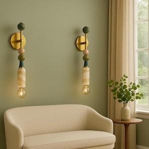 Set of Two Amulet Brass Wall Sconce Lighting - Yellow Gemstone Wall Sconce - Handmade Wall Light - Modern Bedside Wall Lamp