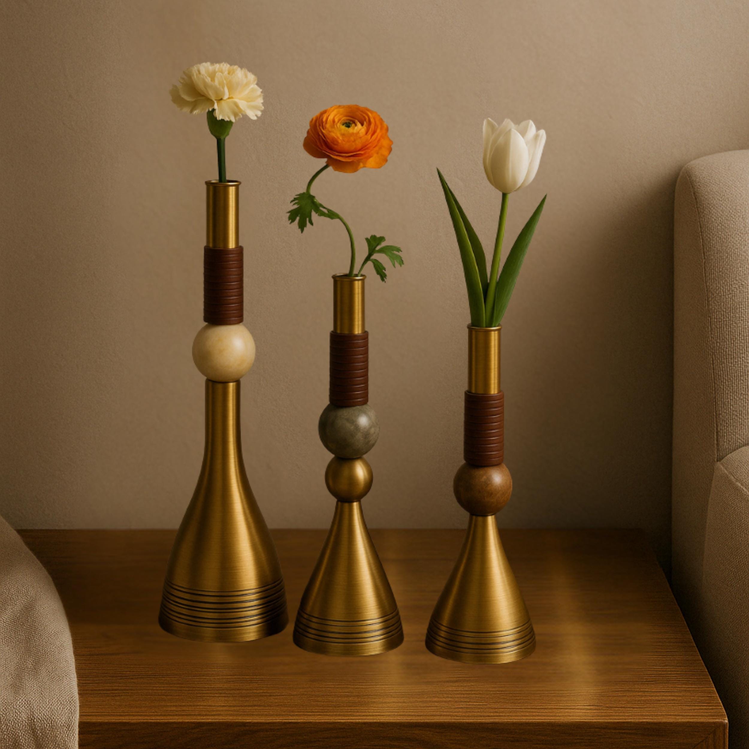 Set of 3 Brass Vases with Natural Stone Accents – Modern Decorative Vase – Luxury Brass Vases for Living Room, Entryway, or Shelf Styling
