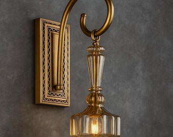 Vintage Glass Sconce, Hand Blown Bottle Shade with Ornate Brass Ring, Decorative Wall Light for Living Room or Foyer