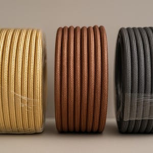 May include: Three spools of electrical wire in gold, copper, and gray. The wires are tightly wound and wrapped in clear plastic. The spools are arranged side by side against a neutral background.