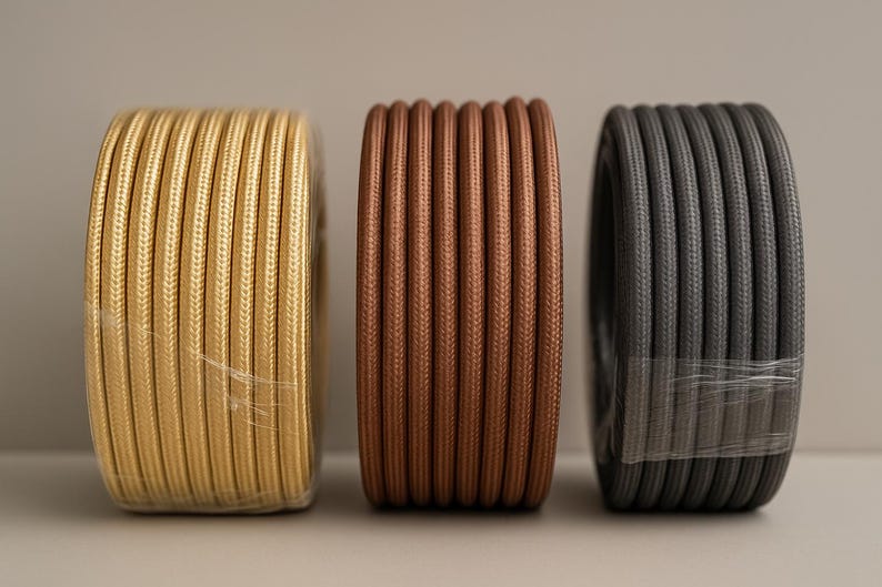 May include: Three spools of electrical wire in gold, copper, and gray. The wires are tightly wound and wrapped in clear plastic. The spools are arranged side by side against a neutral background.