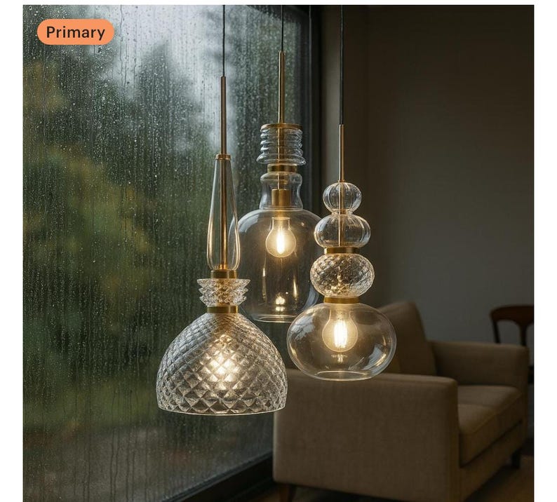 May include: Three modern pendant lights with clear glass shades and brass-colored hardware. The shades have unique shapes, including a diamond-patterned dome and stacked spheres, each with a warm light bulb.
