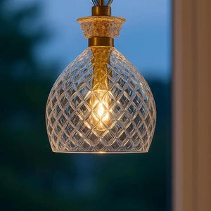 May include: A clear glass pendant light with a diamond pattern shade. The light fixture has a gold-colored metal base and a clear glass stem. The light is illuminated, casting a warm glow. The background is a blurred outdoor scene.