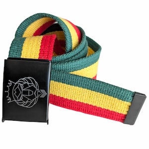 Reggae Colors Webbing Belt, Lion Spirit black Buckle, Rasta Roots Style, bass culture